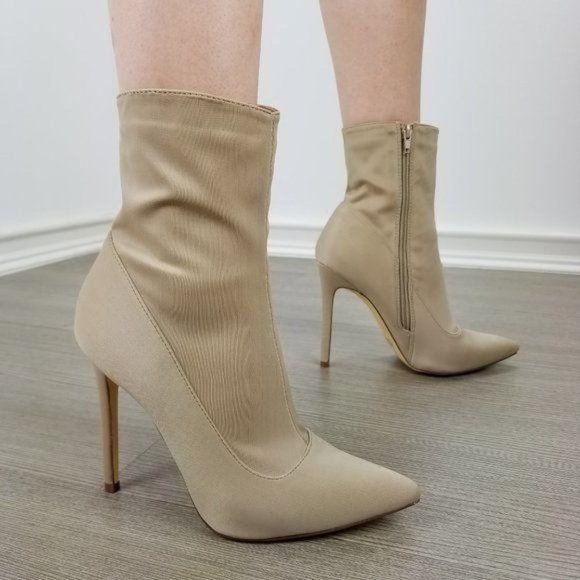 Nude Pointed Peep Toe Stiletto Heels Ankle Sock Boots